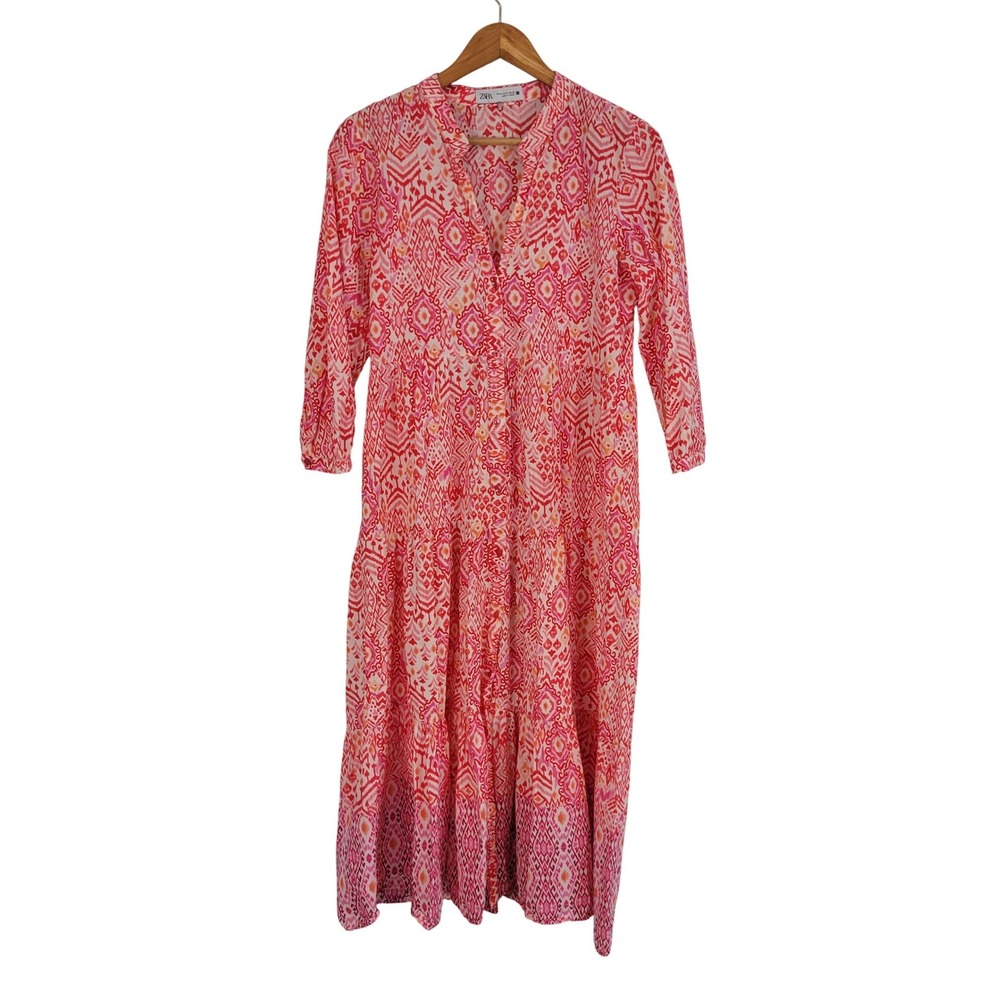 Zara Button Front Midi Shirt Dress Pink Red Size Medium Lightweight Boho Western